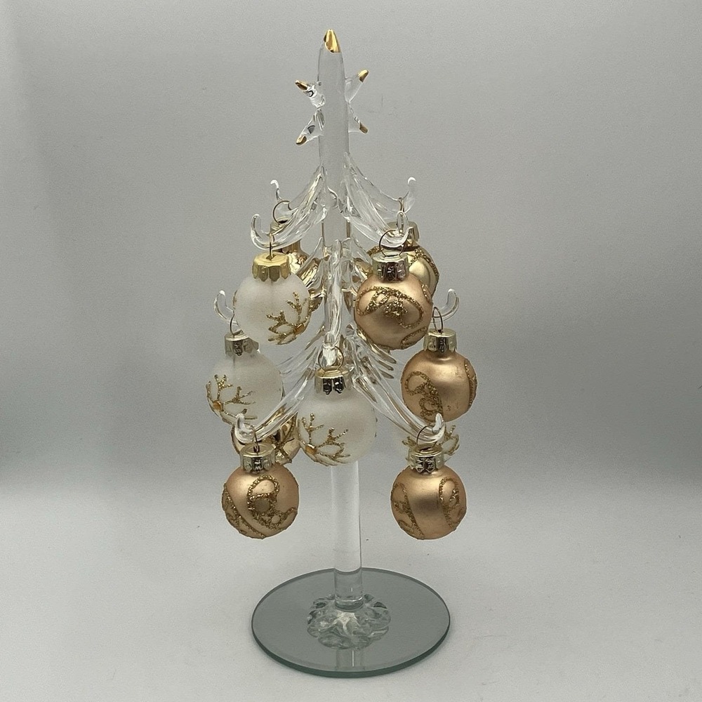 Vintage Glass Christmas‎ Tree / With Ornament Gold Balls / 8" Hand Blown Holder
